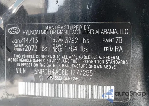 2013 Hyundai Elantra Limited z USA, uszkodzony, nr VIN 5NPDH4AE6DH277255